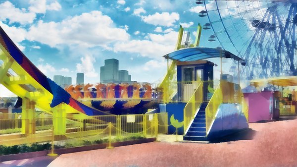 Anime picture 1280x720 with pocket ni koi o tsumete wide image game cg sky cloud (clouds) no people ferris wheel carousel amusement park roller coaster