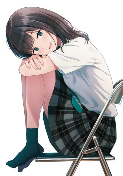 Anime picture 841x1200 with original hyuuga azuri single long hair tall image looking at viewer blush fringe open mouth blue eyes black hair simple background smile white background sitting full body head tilt :d short sleeves no shoes
