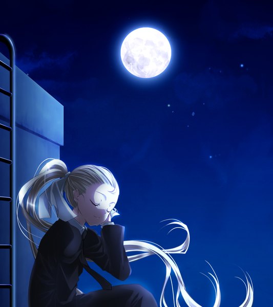 Аниме картинка 1600x1800 с gothic delusion cura один (одна) высокое изображение сидит небо причёска конский хвост закрытые глаза очень длинные волосы лёгкая улыбка ночь девушка луна звезда (звёзды) полная луна