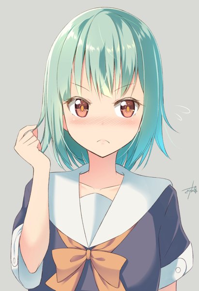 Anime picture 1000x1458 with kantai collection yuubari light cruiser gurande (g-size) single tall image blush fringe short hair simple background brown eyes signed looking away upper body aqua hair grey background adjusting hair alternate hairstyle alternate hair length >:( girl