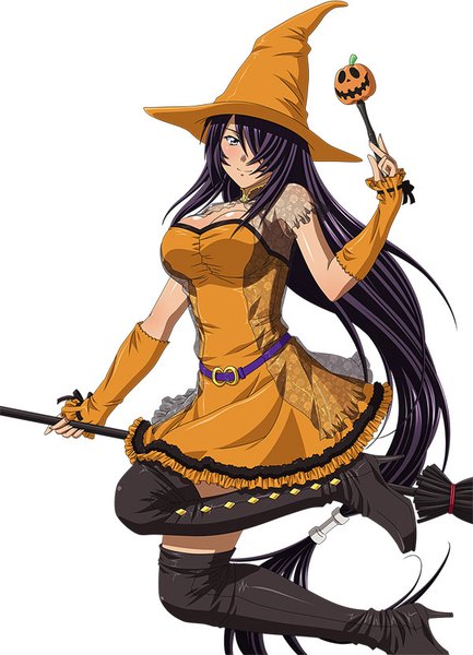 Anime picture 600x831 with ikkitousen kanu unchou single tall image looking at viewer fringe breasts blue eyes white background purple hair very long hair hair over one eye halloween girl dress hat detached sleeves boots thigh boots witch hat