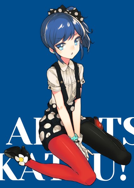 Anime picture 642x900 with aikatsu! kiriya aoi koto suomi single tall image looking at viewer blush short hair open mouth blue eyes simple background sitting blue hair copyright name side ponytail wariza blue background polka dot asymmetrical clothes girl