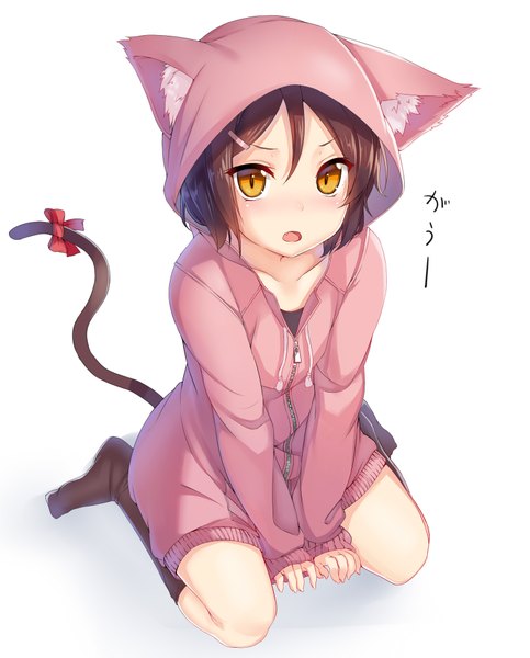 Anime picture 1565x1941 with original peroperoairu single tall image looking at viewer blush short hair open mouth simple background brown hair white background animal ears full body tail animal tail cat ears cat girl cat tail animal hood girl