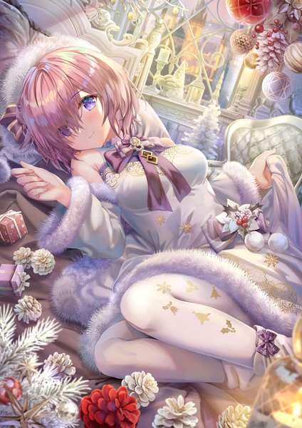 Anime-Bild 6391x9048 mit fate (series) fate/grand order mash kyrielight torino aqua single tall image looking at viewer blush fringe highres short hair breasts purple eyes bare shoulders holding pink hair absurdres bent knee (knees) indoors lying