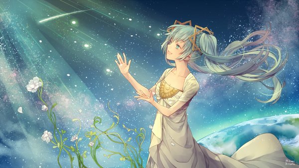 Anime picture 1600x900 with vocaloid hatsune miku mikuni (mikunik) single long hair fringe open mouth smile wide image standing twintails cloud (clouds) aqua hair light girl dress flower (flowers) plant (plants) white dress star (stars)