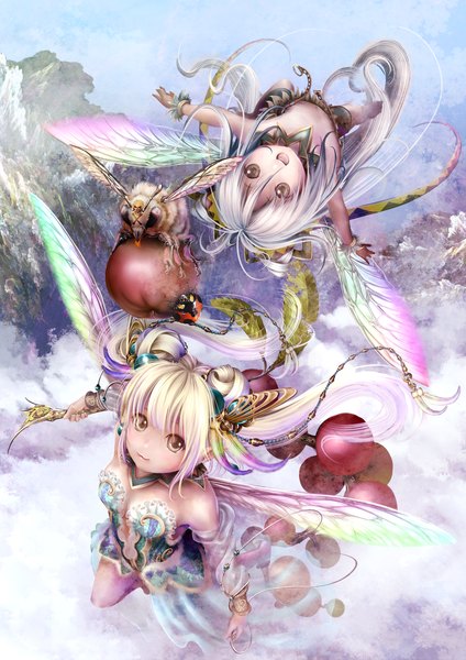 Anime picture 1753x2480 with original surabou pictmania tall image highres open mouth brown eyes cloud (clouds) white hair mountain flying fairy hair ornament wings insect fruit