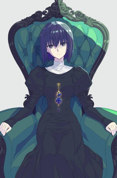 Anime picture 1356x2048 with mahou tsukai no yoru kuonji alice gonta single tall image looking at viewer fringe short hair breasts simple background hair between eyes sitting purple hair long sleeves shadow grey eyes expressionless girl dress black dress