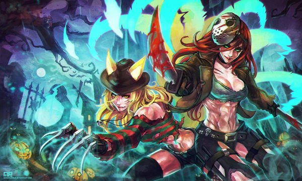 Anime picture 4131x2480 with league of legends ahri (league of legends) katarina (league of legends) monori rogue long hair highres breasts light erotic blonde hair smile wide image multiple girls green eyes animal ears yellow eyes absurdres red hair tail animal tail midriff