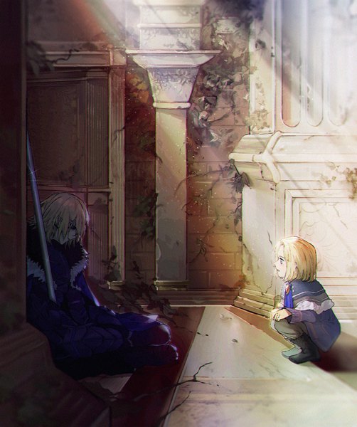 Anime picture 1500x1793 with fire emblem fire emblem: three houses nintendo dimitri alexandre blaiddyd ue hisa tall image short hair blue eyes blonde hair sitting looking away full body outdoors profile sunlight multiple boys shadow squat alternate age multiple persona