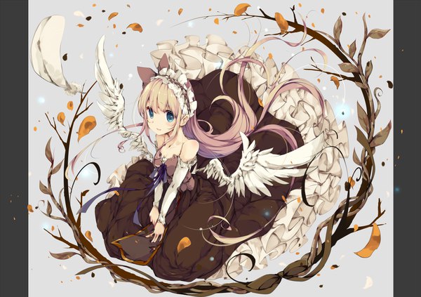 Anime picture 1025x724 with original umino mizu single looking at viewer blue eyes blonde hair bare shoulders full body very long hair from above white wings girl dress detached sleeves wings leaf (leaves) feather (feathers) lolita hairband