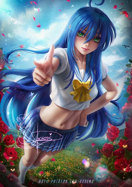 Anime picture 848x1200 with lucky star kyoto animation izumi konata axsen single long hair tall image looking at viewer fringe smile hair between eyes standing green eyes signed blue hair sky cloud (clouds) ahoge outdoors pleated skirt