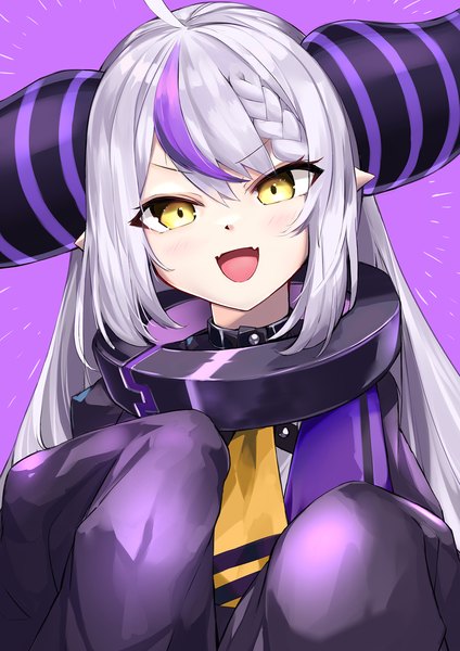 Anime picture 1200x1697 with virtual youtuber hololive la+ darknesss la+ darknesss (1st costume) kie (yospcd) single long hair tall image looking at viewer fringe open mouth simple background hair between eyes yellow eyes silver hair ahoge long sleeves head tilt :d horn (horns)