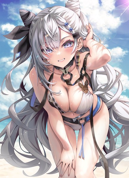 Anime picture 1342x1854 with virtual youtuber hololive hololive indonesia vestia zeta kubota masaki single long hair tall image looking at viewer blush fringe breasts light erotic smile hair between eyes large breasts standing purple eyes twintails sky