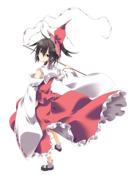 Anime picture 1516x1980 with touhou hakurei reimu sakurame single tall image short hair black hair simple background white background looking back black eyes miko girl skirt bow hair bow detached sleeves skirt set