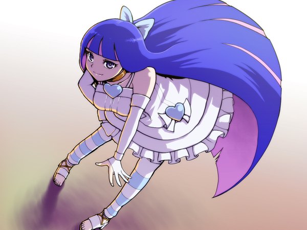 Anime picture 1600x1200 with panty & stocking with garterbelt anarchy stocking chiaki rakutarou single long hair smile bare shoulders purple hair multicolored hair two-tone hair colored inner hair girl thighhighs dress bow hair bow detached sleeves striped thighhighs