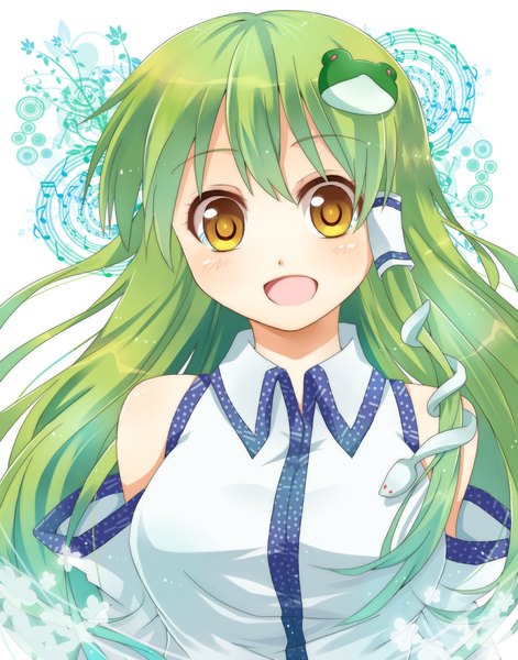 Anime picture 1100x1400 with touhou kochiya sanae sakuraba hinano single long hair tall image open mouth bare shoulders green hair orange eyes girl hair tubes snake frog