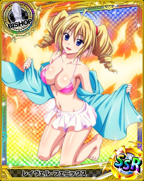 Anime picture 640x800 with highschool dxd ravel phenex single long hair tall image looking at viewer breasts open mouth blue eyes light erotic blonde hair twintails cleavage groin drill hair card (medium) girl skirt navel swimsuit