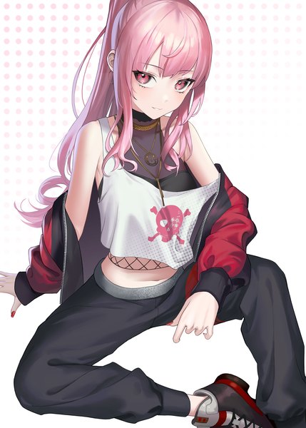 Anime picture 1332x1864 with virtual youtuber hololive hololive english mori calliope mori calliope (streetwear) aya (lezon) single long hair tall image looking at viewer blush fringe simple background smile sitting payot pink hair ponytail long sleeves nail polish