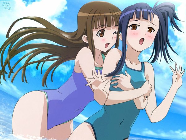 Anime picture 1152x864 with mahou sensei negima! konoe konoka sakurazaki setsuna blush light erotic hug side ponytail swimsuit one-piece swimsuit negima!?