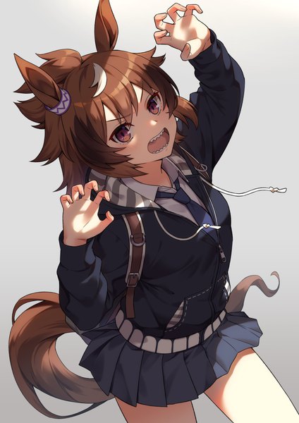 Anime picture 744x1052 with umamusume shinko windy (umamusume) suneru single tall image short hair open mouth simple background brown hair brown eyes animal ears tail animal tail pleated skirt multicolored hair from above grey background teeth streaked hair horse ears