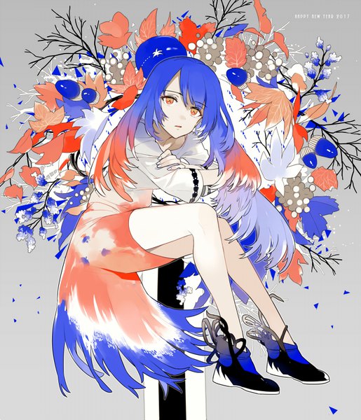 Anime picture 686x800 with original lowe (slow) single long hair tall image fringe red eyes blue hair looking away full body grey background gradient hair crossed arms new year happy new year 2017 girl dress plant (plants)