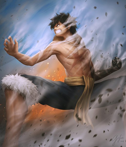 Anime picture 900x1044 with one piece toei animation monkey d. luffy geo siador single tall image fringe short hair black hair standing signed looking away sky outdoors wind black eyes fur trim scar topless smoke