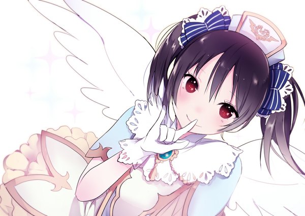 Anime picture 1052x744 with love live! school idol project sunrise (studio) love live! yazawa nico lpip single long hair looking at viewer blush fringe black hair simple background red eyes white background twintails finger to mouth white wings mmm girl gloves