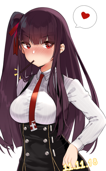 Anime picture 567x911 with girls frontline wa2000 (girls frontline) hoshi usagi single long hair tall image looking at viewer blush fringe simple background red eyes standing white background purple hair upper body blunt bangs one side up dated double buttons underbust