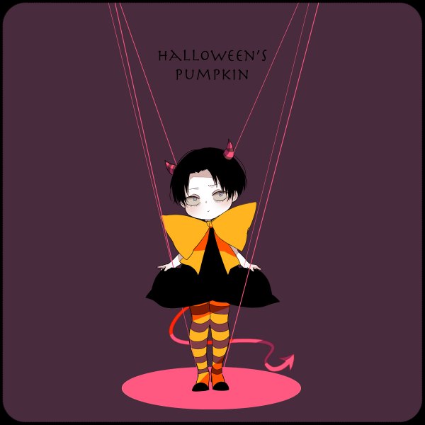 Anime picture 1200x1200 with shingeki no kyojin production i.g levi (rivaille) eyokiki single blush short hair black hair simple background full body tail horn (horns) text halloween chibi english demon tail purple background white skin white eyes