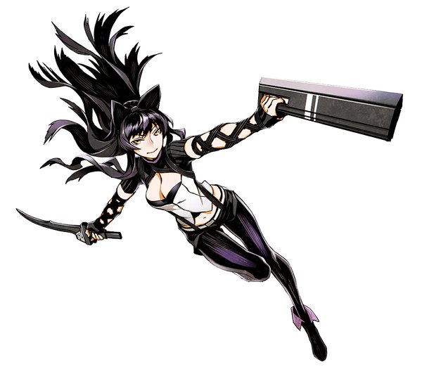 Anime-Bild 927x807 mit rwby rooster teeth blake belladonna miwa shirow single long hair looking at viewer light erotic black hair simple background white background holding animal ears yellow eyes cleavage full body cat ears midriff thigh gap floating hair