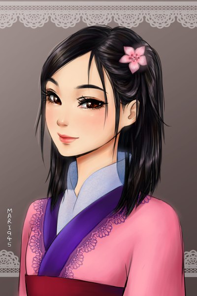 Anime picture 2000x3000 with mulan disney hua mulan mari945 single tall image looking at viewer highres short hair black hair simple background brown eyes signed traditional clothes hair flower light smile lips grey background lipstick portrait