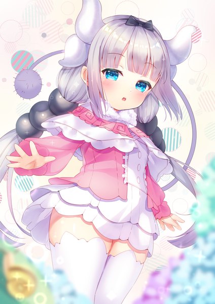 Anime picture 827x1169 with kobayashi-san chi no maidragon kyoto animation kanna kamui tsukiman single long hair tall image looking at viewer blush fringe blue eyes light erotic twintails silver hair tail blunt bangs horn (horns) :o sparkle from below