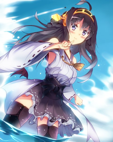 Anime picture 1024x1280 with kantai collection kongou battleship mizuyoukan (mikususannda) single long hair tall image blush blue eyes black hair smile bare shoulders sky cloud (clouds) nontraditional miko girl thighhighs detached sleeves water