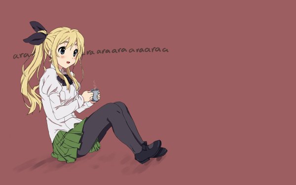 Anime picture 1280x800 with k-on! katawa shoujo kyoto animation kotobuki tsumugi satou lilly moekki (oekkimm) single long hair open mouth simple background blonde hair wide image looking away ponytail :d pleated skirt third-party edit cosplay extended satou lilly (cosplay)