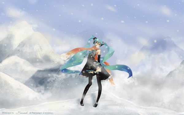 Anime picture 1920x1200 with vocaloid hatsune miku redjuice single highres wide image twintails full body snowing winter snow girl thighhighs