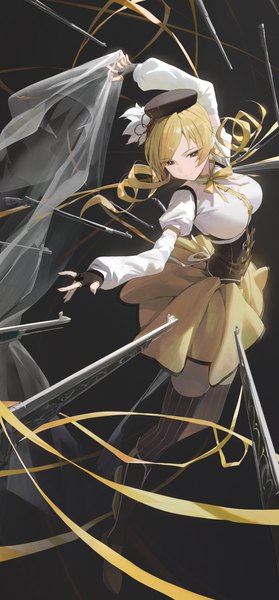 Anime picture 2976x6405 with mahou shoujo madoka magica shaft (studio) tomoe mami modare single long hair tall image highres blonde hair twintails brown eyes looking away full body low twintails drill hair magical girl underbust girl thighhighs skirt