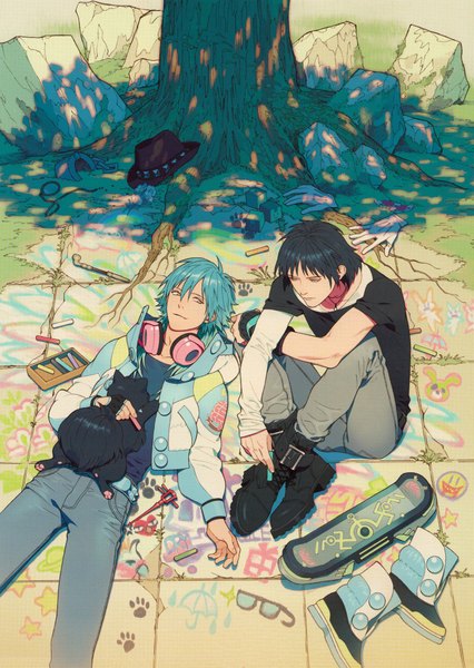 Anime picture 2965x4179 with dramatical murder nitro+chiral aoba (dmmd) ren (dmmd) honya lala long hair tall image highres short hair black hair smile sitting brown eyes yellow eyes blue hair looking away lying scan official art multiple boys