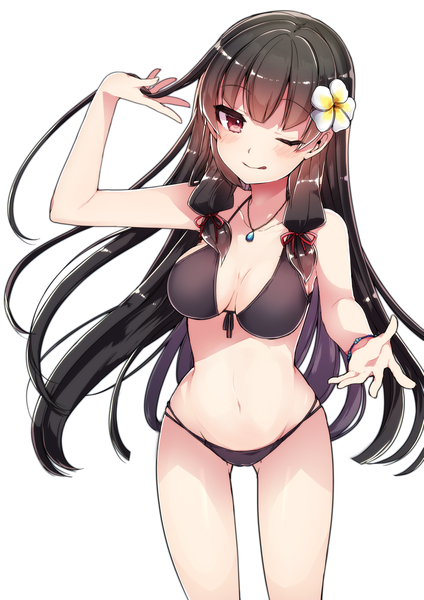 Anime picture 1157x1637 with kantai collection isokaze destroyer takeshima eku single long hair tall image blush fringe breasts light erotic black hair simple background smile red eyes large breasts standing white background bare shoulders blunt bangs braid (braids)