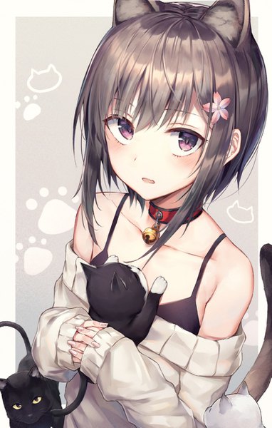 Anime picture 797x1250 with original huwari (dnwls3010) single tall image looking at viewer blush fringe short hair open mouth simple background hair between eyes brown hair standing purple eyes bare shoulders holding animal ears payot tail animal tail