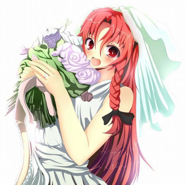 Anime picture 1024x1019 with touhou hong meiling sukage single long hair blush open mouth simple background red eyes white background red hair braid (braids) girl dress flower (flowers) bow hair bow