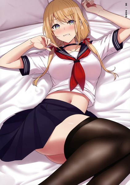 Anime picture 2532x3600 with original sukebewe single long hair tall image looking at viewer blush fringe highres breasts light erotic blonde hair hair between eyes twintails green eyes signed payot bent knee (knees) indoors lying