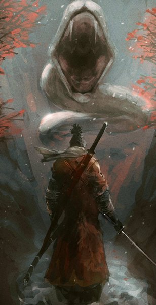 Anime picture 1051x2048 with sekiro: shadows die twice from software sekiro great serpent graffitigw single tall image short hair black hair standing holding full body ponytail from behind fighting stance boy weapon animal sword katana