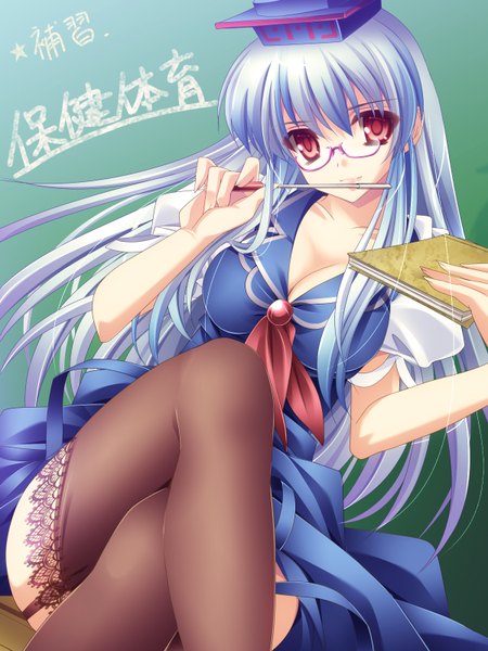 Anime picture 1200x1600 with touhou kamishirasawa keine moneti (daifuku) single long hair tall image looking at viewer light erotic red eyes blue hair legs crossed legs teacher girl thighhighs black thighhighs hat glasses