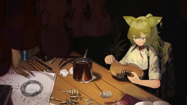 Anime picture 2918x1642 with original natori youkai single long hair fringe highres hair between eyes wide image sitting green eyes animal ears ponytail green hair looking down girl hairclip bobby pin musical instrument knife suspenders