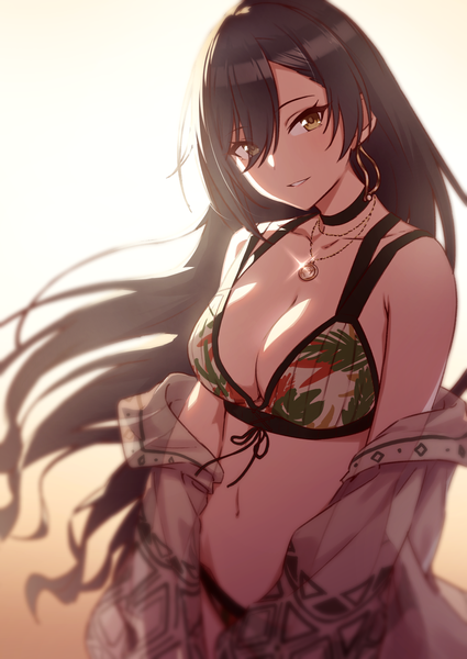 Anime picture 1254x1771 with idolmaster idolmaster shiny colors shirase sakuya amochin single long hair tall image fringe breasts light erotic black hair hair between eyes large breasts standing brown eyes wind off shoulder girl navel swimsuit