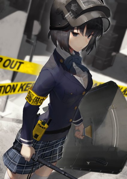 Anime picture 1446x2047 with original scottie (phantom2) single tall image looking at viewer fringe short hair breasts black hair hair between eyes standing holding outdoors long sleeves pleated skirt black eyes blurry dutch angle depth of field zettai ryouiki