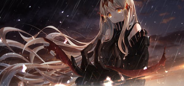 Anime picture 1600x756 with kantai collection aircraft carrier water oni bae.c single fringe breasts wide image large breasts holding yellow eyes payot sky cloud (clouds) outdoors white hair very long hair wind blurry from below tears