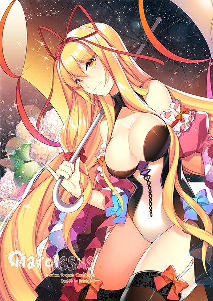 Anime picture 800x1129 with touhou yakumo yukari roh nam kyung single tall image looking at viewer fringe breasts light erotic blonde hair large breasts bare shoulders yellow eyes very long hair alternate costume girl thighhighs flower (flowers) ribbon (ribbons) black thighhighs