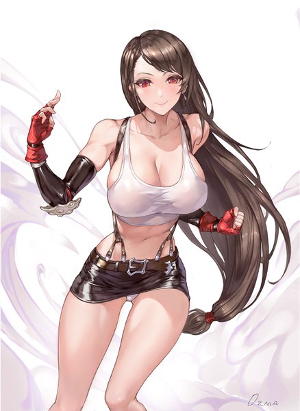 Anime picture 2190x3000 with final fantasy final fantasy vii square enix tifa lockhart ozma (ozmakku) single long hair tall image looking at viewer blush fringe highres breasts light erotic simple background smile red eyes brown hair large breasts standing
