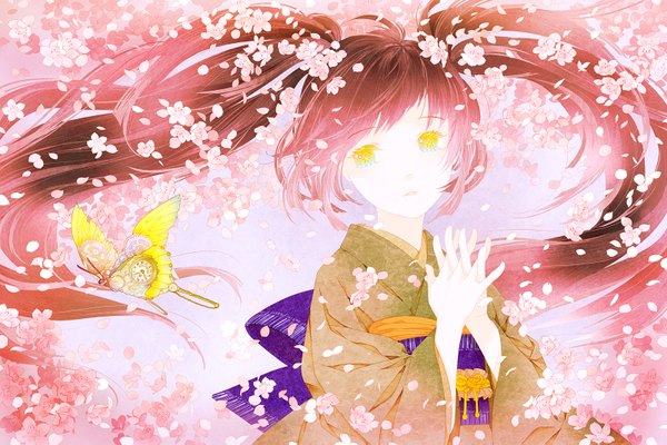Anime picture 1600x1067 with original ame (conronca) single long hair brown hair twintails yellow eyes japanese clothes cherry blossoms girl petals belt kimono insect butterfly
